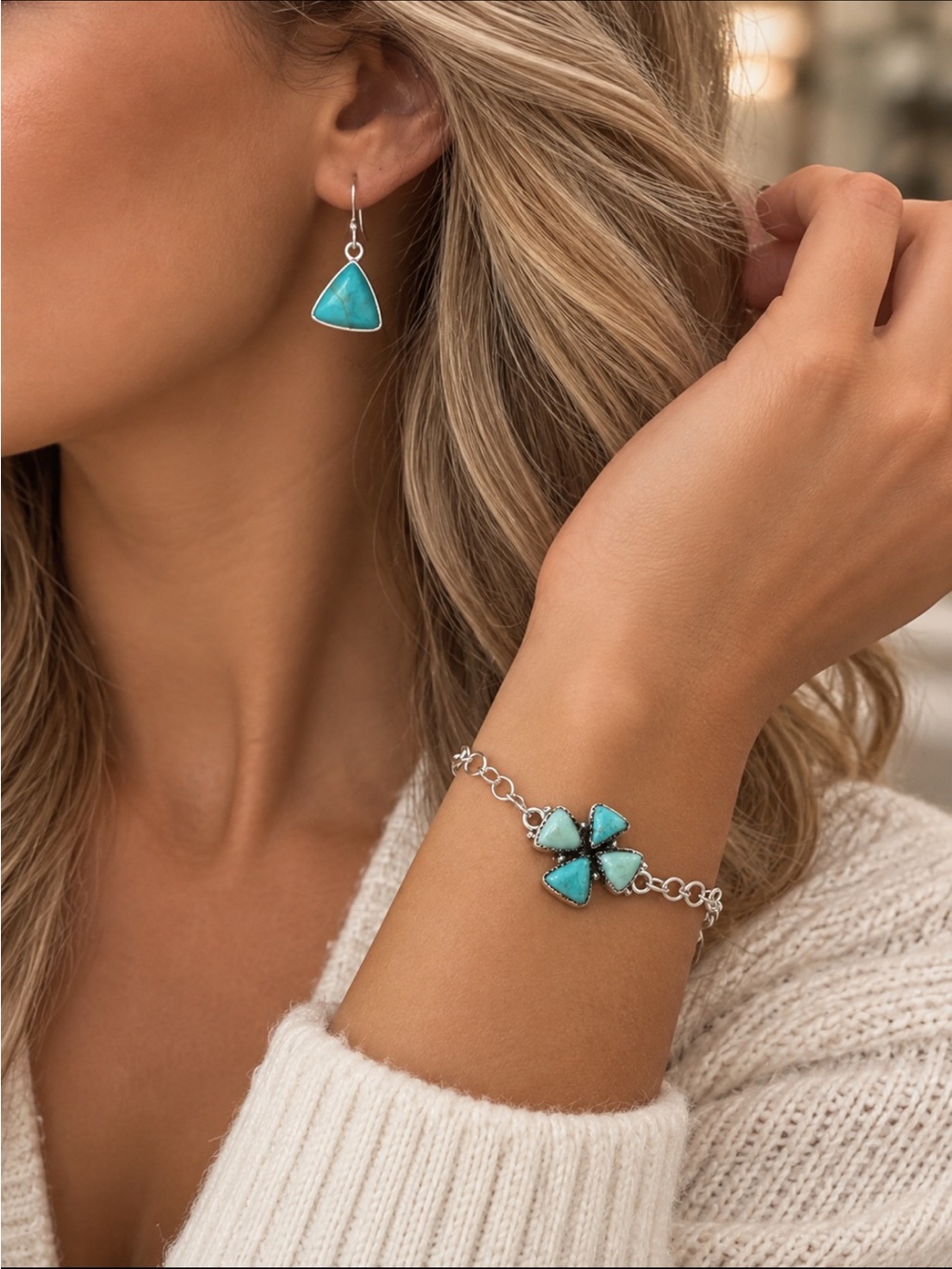 Turquoise Stone Drop Earrings and Bracelet Set - Turquoise/Sterling Silver